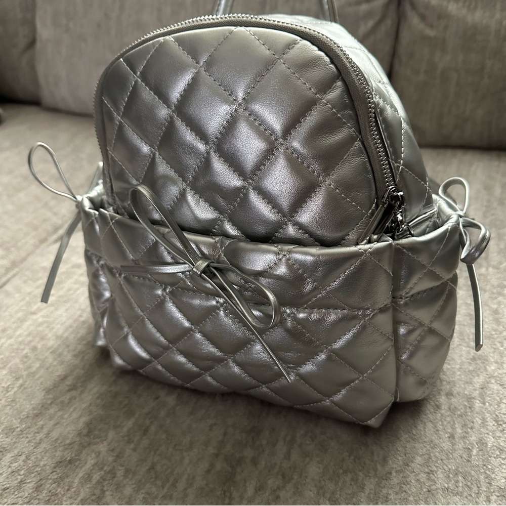 Metallic Silver Mini Backpack Quilted Vegan Leather Bowknot Shoulder Bag - Picture 4 of 10